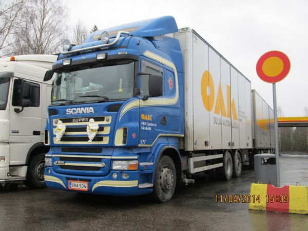 P&M Ojalehdon Scania R500 
Oulun Autokuljetuksen ajossa oleva P&M Ojalehto Oy:n Scania R500 täysperävaunuyhdistelmä.
Avainsanat: OAK Ojalehto Scania R500 Shell Hirvaskangas 577