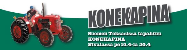 Suomen Teksasissa tapahtuu 19.-20.4.
Nivalaan koneita katsomaan! www.konekapina.fi
Avainsanat: konekapina nivala