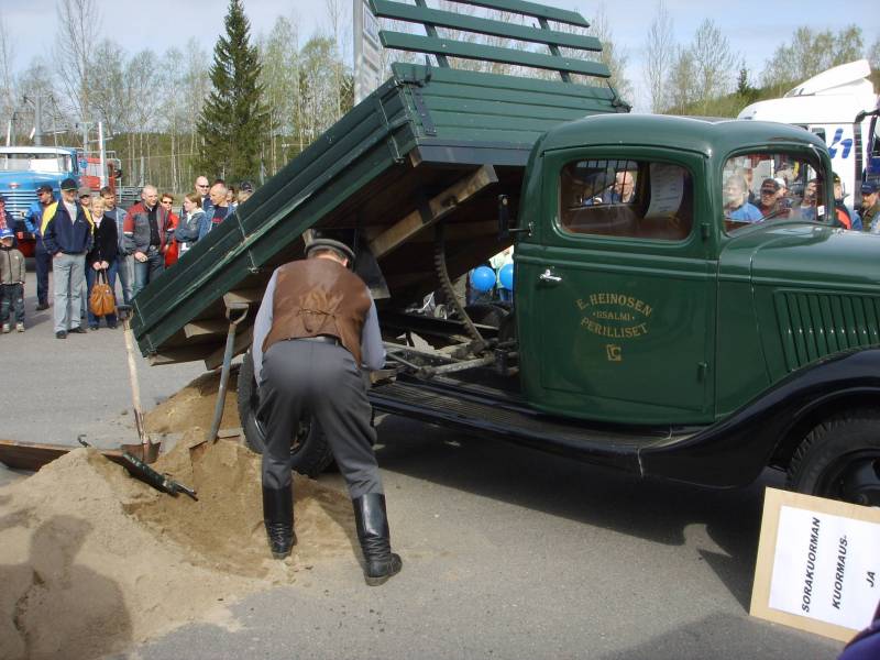 Vanhan ajan lastin kippaus.
Ei ollut hydrauliikka ennen vanhaan, kuorma tehtiin lapioimalla ja lavan tyhjennys kampea pyörittämällä!
Avainsanat: kuorma, kippaus