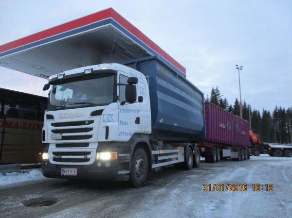 K Koskisen Scania R500
K Koskinen Ky:n Scania R500 täysperävaunuyhdistelmä.
Avainsanat: K-Koskinen Scania R500 ABC Hirvaskangas