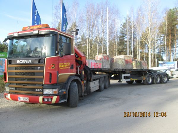 Nosto ja Kuljetus Ruuskan Scania 124G
Nosto ja Kuljetus Ruuska Ky:n nosturilla varustettu Scania 124G kyydissään siltatyömaan koekuormituksessa käytettäviä painoja.
Avainsanat: Nosto-Kuljetus-Ruuska Scania 124