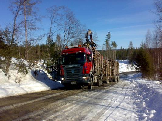 Scania R560
Jäi kaania mäkeen kiinni. Kevät aurinko pehmitteli tien eikä aamuriivanteella kerinny käyvä.
