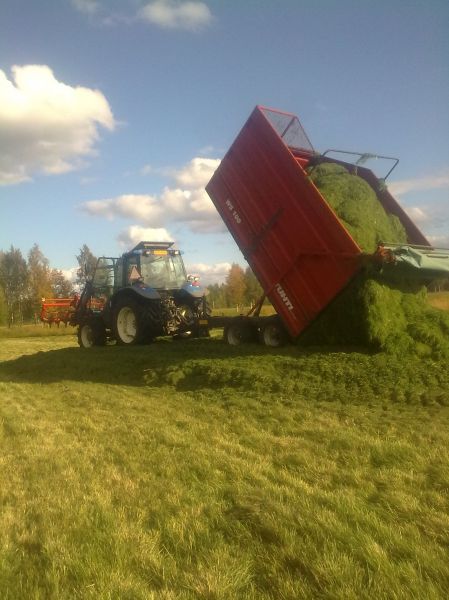 Aumalla New Holland TS100, varmo rehunlevitin ja Tuhti ws100
Kuorman purkua. Meinasi pitää kiirettä kun ajettiin kahdella kärryllä. Piti keretä levittää, poljettaa ja ajaa vielä väliä.
