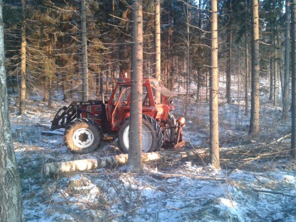 Fiat 580 DT 
Fiatilla metsätöissä. Lovipankolla puut pois metsästä ja etukuormaajan trukkihaarukoilla puut korkeammalle pinolle pihalla
Avainsanat: Fiat 580