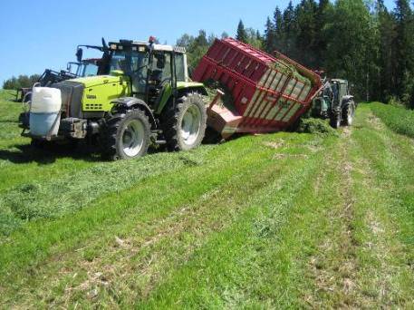 Valtra 8450 ja noukinvaunu
Meinas noukinvaunu vähän kellahtaa kesällä, kun nurmi petti alta.
Avainsanat: Rehuntekoa noukinvaunulla