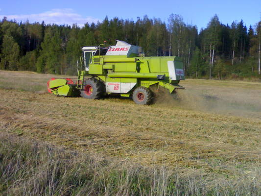 Claas dominator 86 15 jalan pöydällä
Viimesiä ohran puinteia. 
Avainsanat: Claas 86